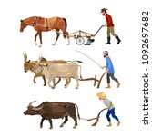Farmers plows the land with various animals - horse, oxen, carabao. Set of vector illustrations isolated on white background