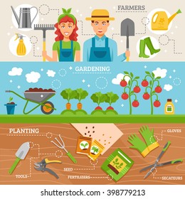 Farmers preparing garden for planting 3 flat horizontal banners set with tools and seeds abstract isolated vector illustration