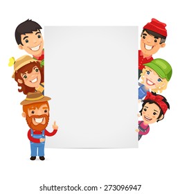 Farmers Presenting Empty Vertical Banner. In the EPS file, each element is grouped separately.
