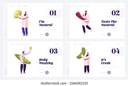 Farmers Products Preservation Manufacture Industry Website Landing Page Set. Men and Women Factory Workers Inspecting Fresh Vegetable before Canning Web Page Banner. Cartoon Flat Vector Illustration