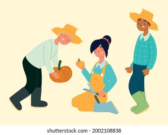 granjeros con calabaza y naranja