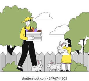 Farmers with rabbits. Man with box of vegetables and young girl near bunnies. Farming and agriculture. Family with domestic animals. Linear vector illustration isolated on white background