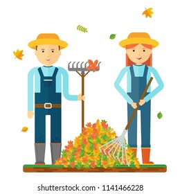 Farmers rake autumn leaves. Farmers characters. Flat vector cartoon illustration. Objects isolated ongreen background.