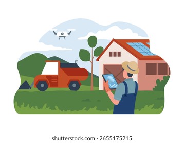 Os agricultores analisam os dados de desempenho da fazenda em comprimidos fora do galpão e de casa. Ilustração de agricultura inteligente