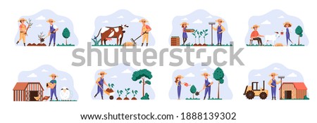 Farmers scenes bundle with people characters. Farmers planting and watering trees, gardening and animal husbandry, milking cow and goat situations. Agricultural workers flat vector illustration.