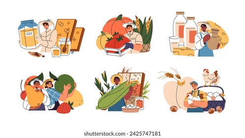 Farmers sell on local market concept set. Agriculture vendors sale fruit, vegetables, honey, cheese, eggs. Farm sellers of harvest, eco food. Flat isolated vector illustration on white background