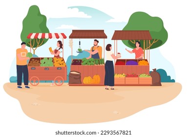 Farmers sell products grown by themselves at the market. Agricultural products are ecologically clean without the use of GMOs. Vector illustration