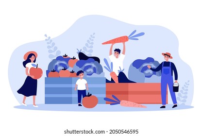 Farmers selling fresh farm vegetables and fruits. Tiny people and wood boxes of fall organic harvest flat vector illustration. Local food market concept for banner, website design or landing web page