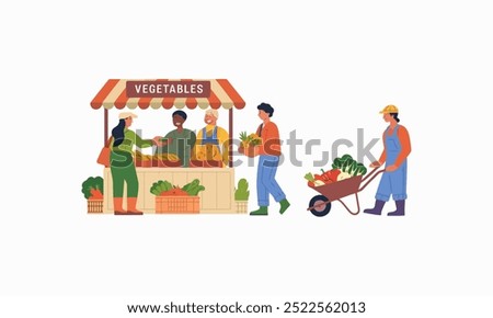 Farmers selling fresh vegetables to customers at an outdoor market.