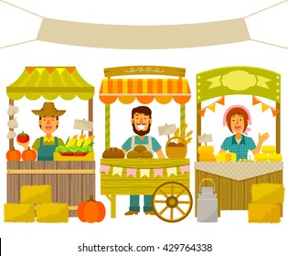 farmers selling their products on wooden stalls