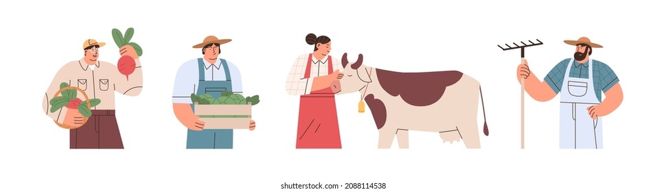 Farmers set. Farm and agriculture workers, men and woman portraits. Rural village people with agronomist, dairymaid jobs. Colored flat vector illustrations of peasants isolated on white background