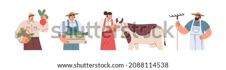 Farmers set. Farm and agriculture workers, men and woman portraits. Rural village people with agronomist, dairymaid jobs. Colored flat vector illustrations of peasants isolated on white background