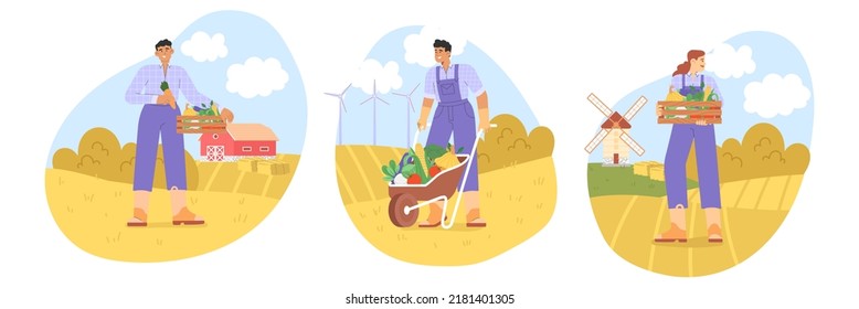 Farmers set. Flat vector illustration with a group of farmers harvesting or working on a farm. Concept of agricultural.