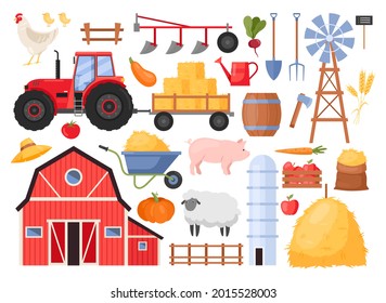 Farmers set. Vector icon set of farm rural buildings with animals, vegetables, farmhouse, tractor, windmill, fence, livestock, bale of hay. Local product. Agriculture and farming concept. Village life