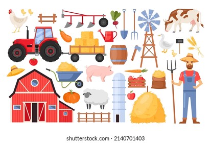 Farmers set. Vector icon set of farm rural buildings with animals, vegetables, farmhouse, tractor, windmill, farmer, livestock, bale of hay. Local product. Agriculture concept. Village life