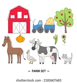 Farmers set. Vector icon set of farm rural buildings with animals, vegetables, farmhouse, tractor, windmill. Local product. Agriculture and farming concept. Village life