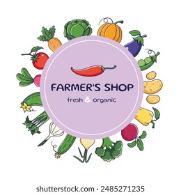 Tienda de granjeros, Plantilla de mercado, volante. Marco redondo de verduras orgánicas. Marco redondo de la cosecha de otoño con verduras. Ilustración vectorial. Borde circular, espacio de copia