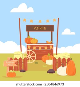 Tienda del granjero con calabazas. Feliz Fiesta de la Cosecha. Festival de otoño. Ilustración vectorial