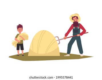 Farmers son and father harvesting hay, flat vector illustration isolated on white background. Cartoon characters for family farm production and animal husbandry.