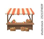 Farmers stall with ripe local apples. Flat vector illustration. Isolated on white background. Local food at the kiosk at the farmer