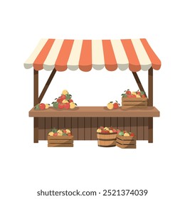 Farmers stall with ripe local apples. Flat vector illustration. Isolated on white background. Local food at the kiosk at the farmer's fair.