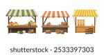 Farmers stalls set with farmers products. Flat vector illustration. Isolated on white background. Local food at the kiosk at the farmer