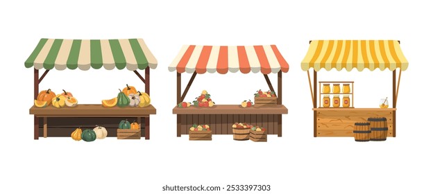 Puestos de granjeros con productos de granjeros. Ilustración vectorial plana. Aislado sobre fondo blanco. Comida local en el quiosco de la feria del granjero.