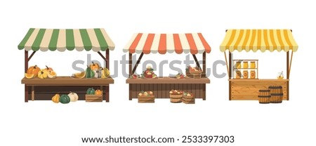 Farmers stalls set with farmers products. Flat vector illustration. Isolated on white background. Local food at the kiosk at the farmer's fair.