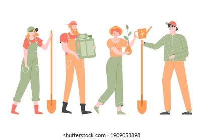 Farmers are standing nearby. Group of people with shovels, a watering can, seedlings. Agricultural workers. Vector flat illustration.