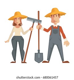 Farmers in straw hats and with work equipment