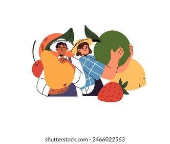 Farmers in summer hats hold fresh fruit in hands. Farm workers with juicy garden crop: apples, berries, pears. Healthy farming products, plantation harvest. Flat isolated vector illustration on white