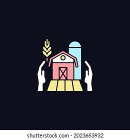 Farmers support RGB color icon for dark theme. Local agricultural producers. Funding and help. Isolated vector illustration on night mode background. Simple filled line drawing on black