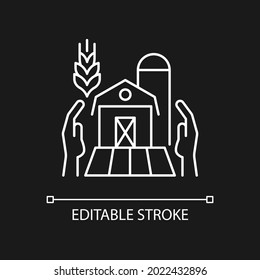 Farmers support white linear icon for dark theme. Local farm producers. Funding program for farming. Thin line customizable illustration. Isolated vector contour symbol for night mode. Editable stroke