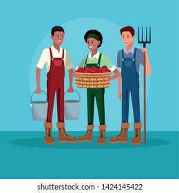 Farmers with tools and harvest on blue background, agriculture and nature. vector illustration