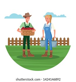 Farmers with tools and harvest working in farm camp, agriculture and nature. vector illustration