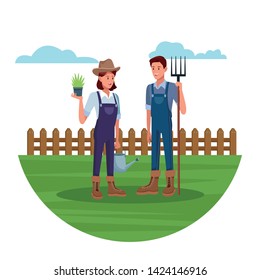 Farmers with tools and harvest working in farm camp, agriculture and nature. vector illustration