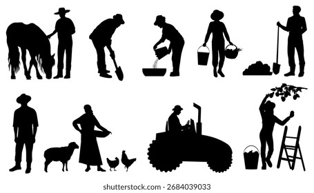 Agricultores con herramientas. Siluetas de profesión. Ilustración vectorial	