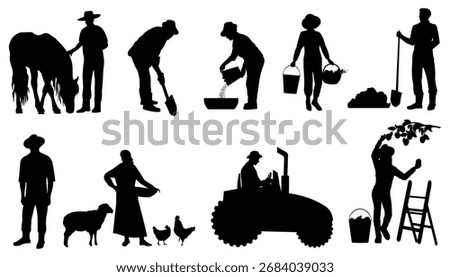 Farmers with tools. Profession silhouettes. Vector illustration	