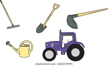 Farmers Tools Set : Shovel, rake, hoe, watering can, tractor