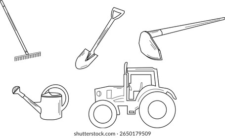 Farmers Tools Set : Shovel, rake, hoe, watering can, tractor