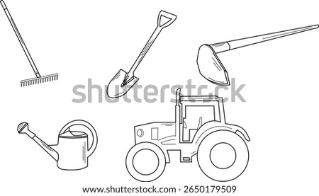 Farmers Tools Set : Shovel, rake, hoe, watering can, tractor