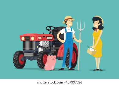 Farmers and tractor. Vector illustration.