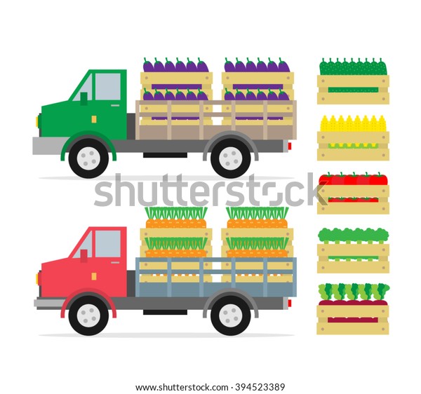 farmers truck with wooden crates boxes with\
vegetables carrot cucumber corn tomato broccoli beet eggplant\
isolated on white\
background