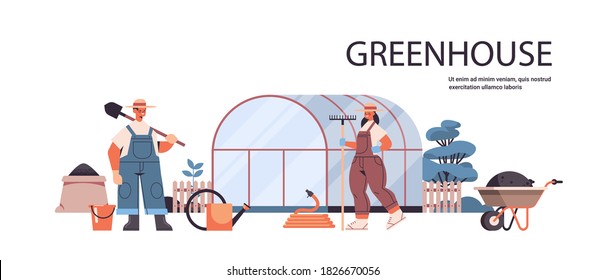 farmers in uniform working on greenhouse gardening organic eco farming agriculture concept horizontal full length copy space vector illustration