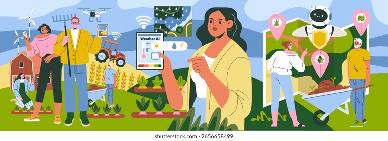 Farmers use AI and drones to optimize agriculture with weather data and pest control. The vector illustration showcases teamwork, technology, and innovation in modern farming.