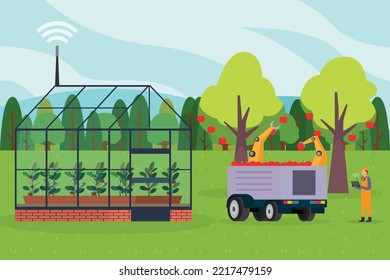 Farmers use tablets to harvest apple in a farm 2d vector illustration concept for banner, website, illustration, landing page, flyer, etc.