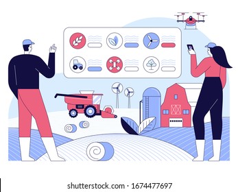 Farmers uses a digital tablet to control autonomous harvester, navigating drone, analytic data. Modern agriculture smart farming concept vector illustration.