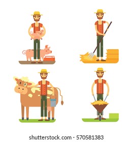 farmers using agricultural tools. Set farmer vector illustration