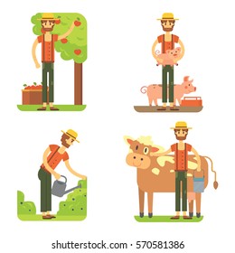 farmers using agricultural tools. Set farmer vector illustration