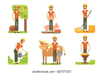farmers using agricultural tools. Set farmer vector illustration